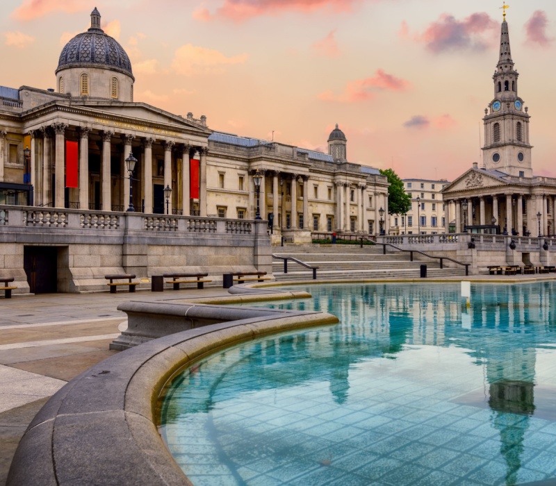 The exterior of the National Gallery in Trafalgar Square.